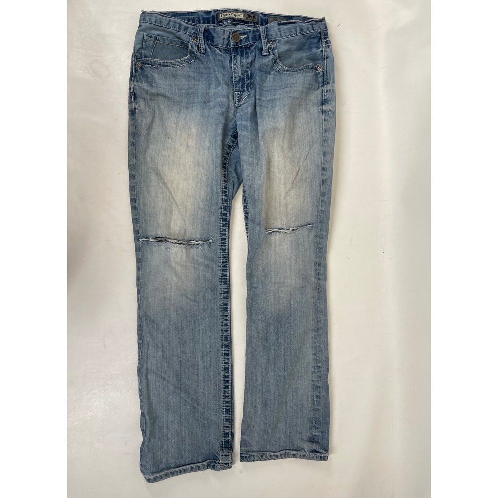 BKE Derek Straight Leg Jeans Mens 32R Light Wash Distressed Embroidered Blue